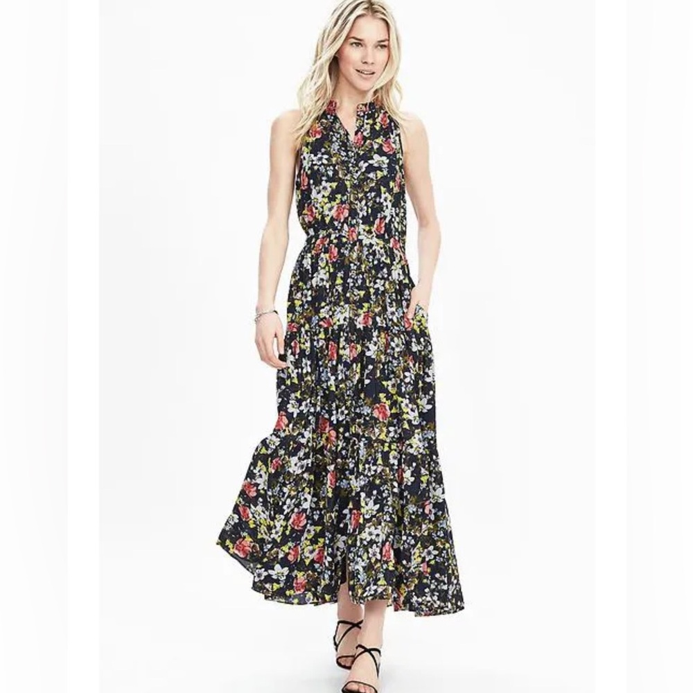 Banana Republic Floral Maxi Tiered Dress size 8 Ruffle Flowy Mesh Overlay